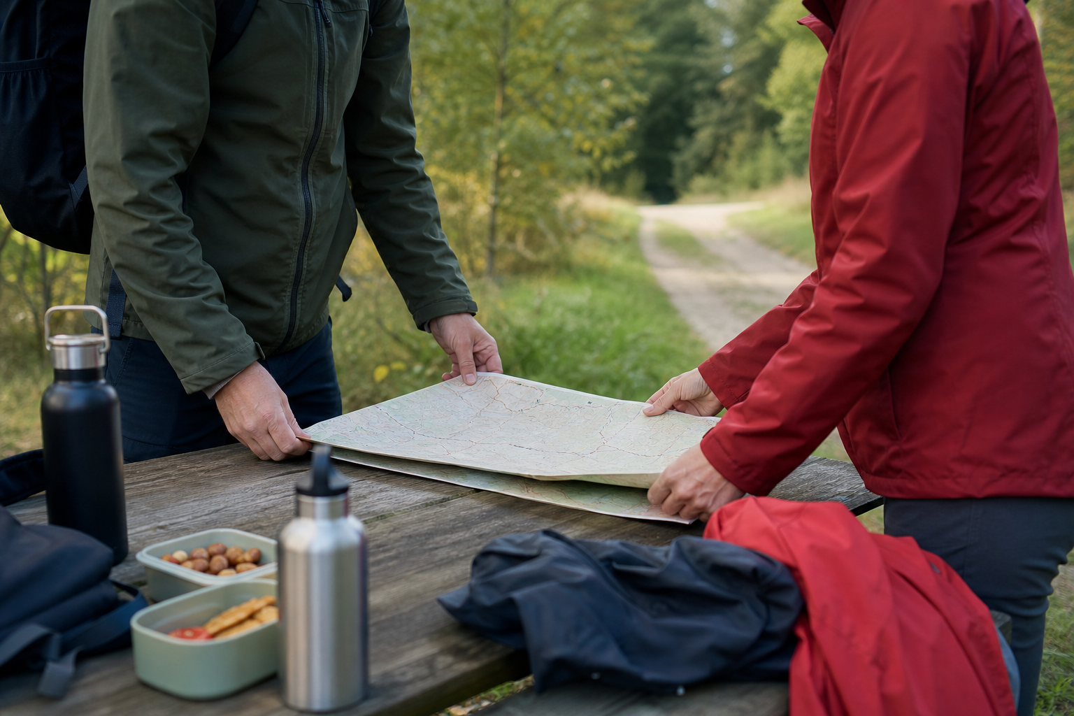 Zwei Wandernde planen an einem Holztisch mit Karte, Trinkflaschen und roten Regenjacken ihre Route